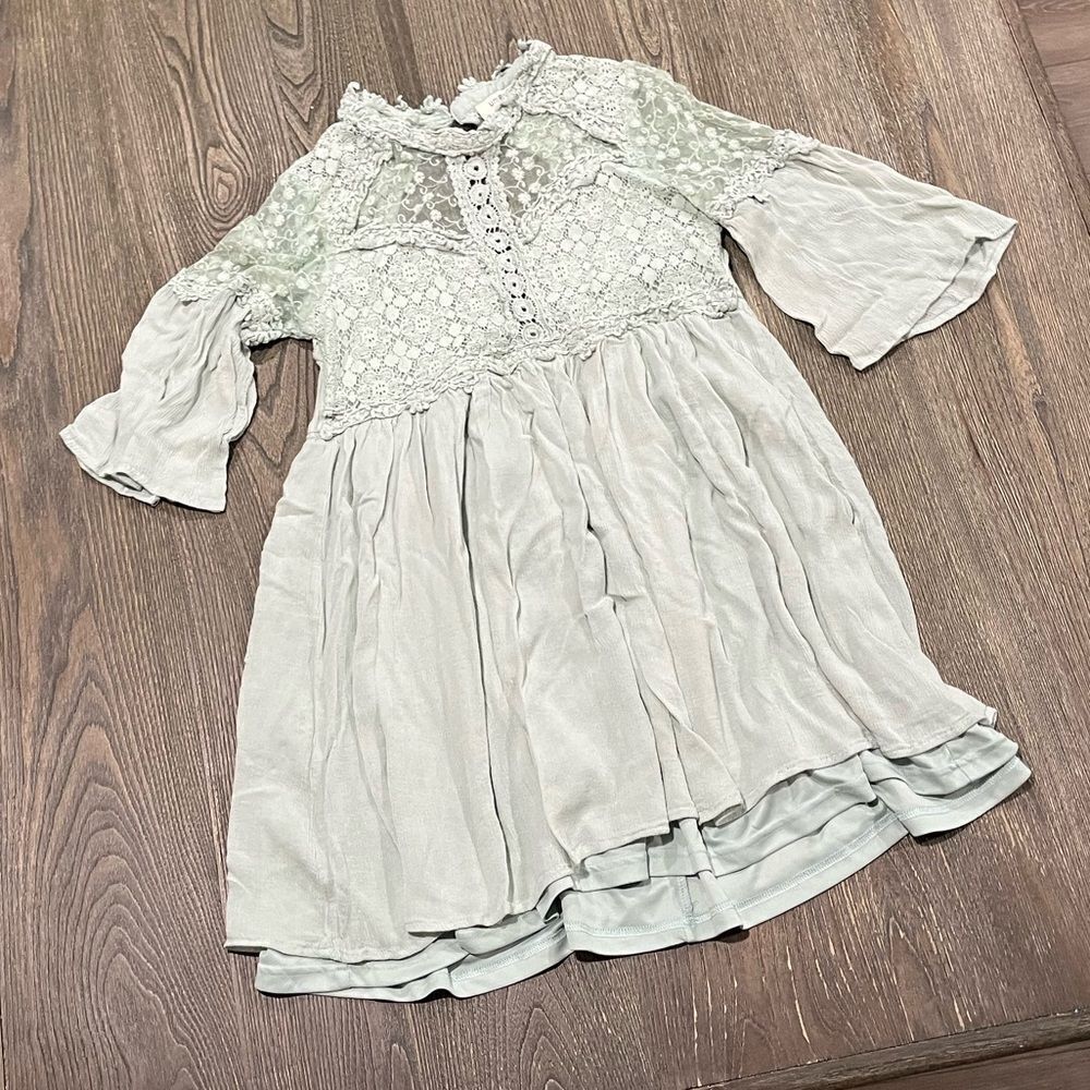 Umgee Womens Cut Out A-line Mini Dress 3/4 Sleeve Sheer Lace Mint Green Size S